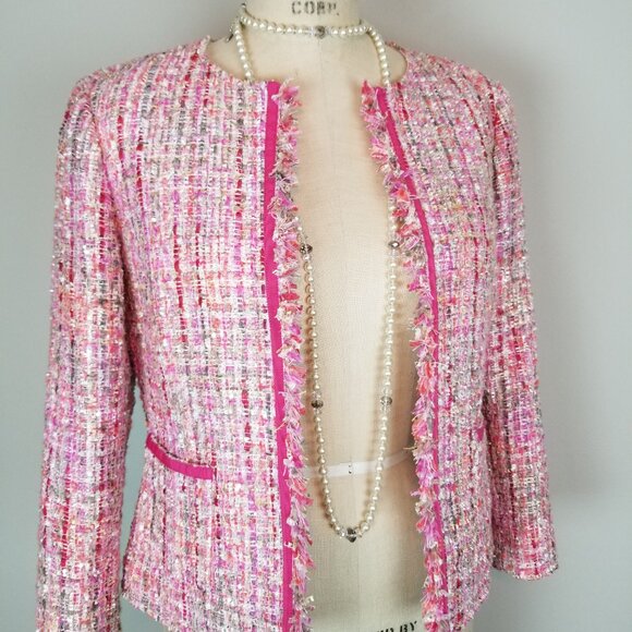 Tahari Arthur Levine Pink Tweed Boucle Sparkle Jacket Ladies Size 2 Petite - Picture 9 of 10